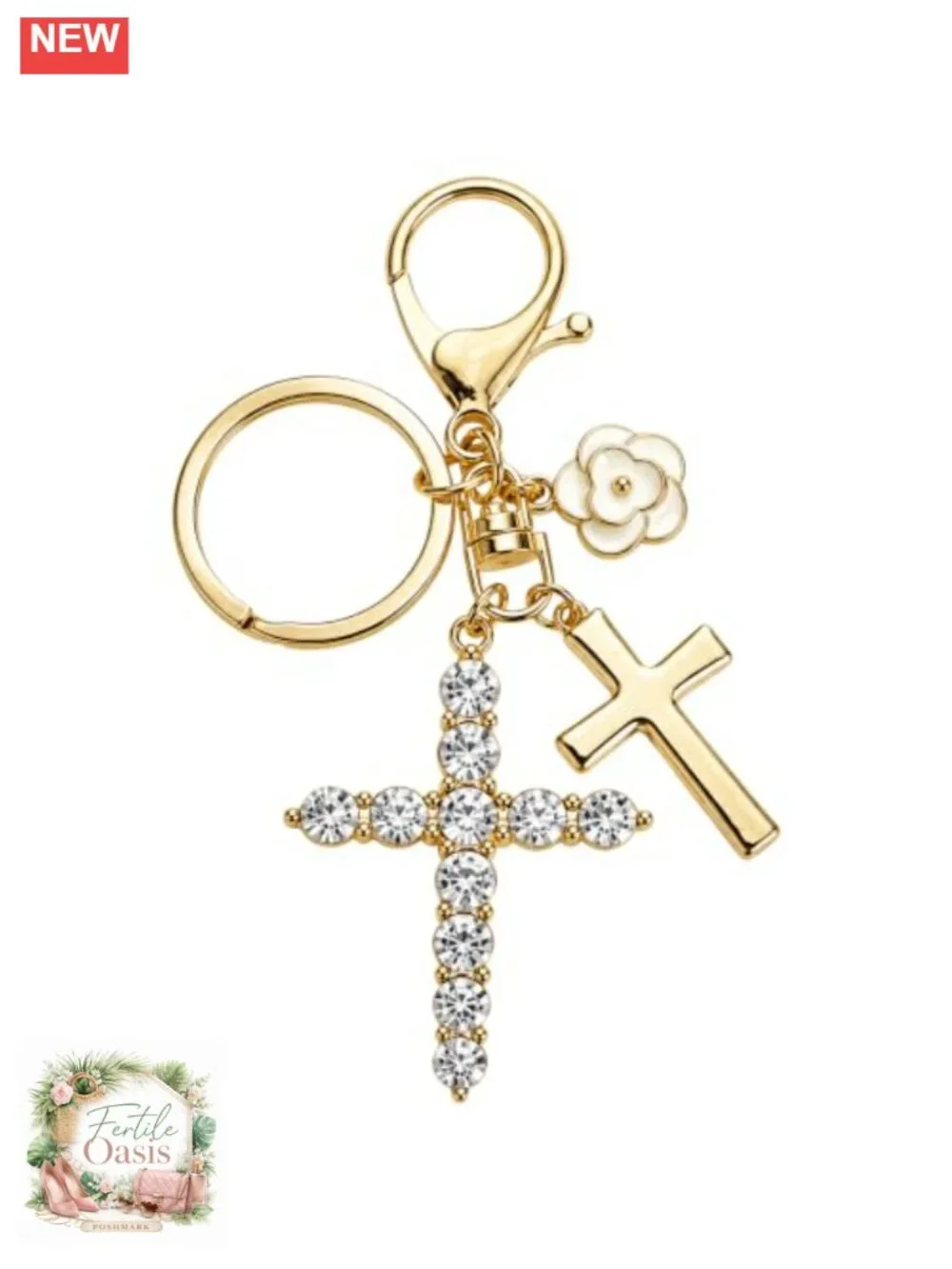 Double Cross Rhinestone Keychain Bag Charm Women Christian Purse Charm